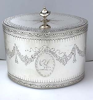 antique English silver engraved oval tea caddy London 1784
